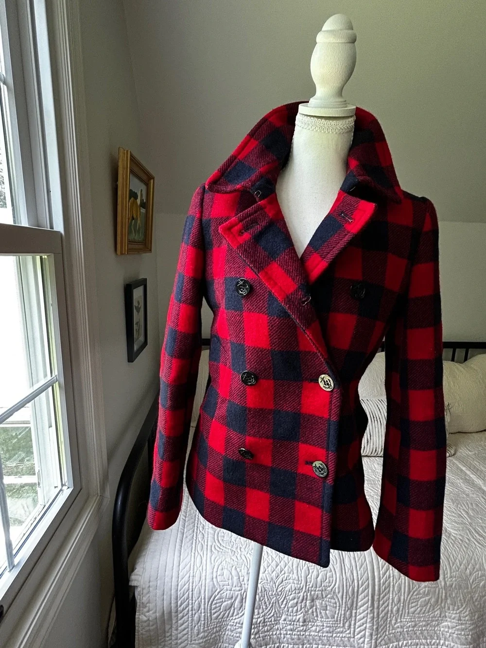 J Crew Red & Navy Buffalo Plaid Women's Wool Peacoat - Picture 2 of 14